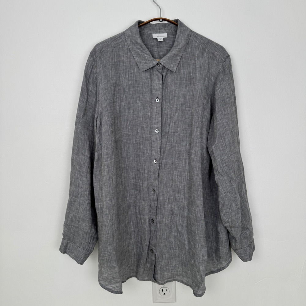 J. Jill Love Linen Gray Button Down Shirt XL Roll Tab Sleeve 100% Linen